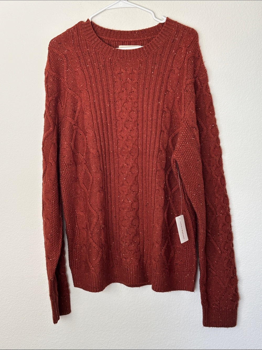 Lucky Brand Men's Rust Mixed Stitch Tweed Crewneck Sweater Fisherman’s Cozy Knit